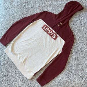 Burgundy & cream colored lightweight hooded shirt / jacket, S